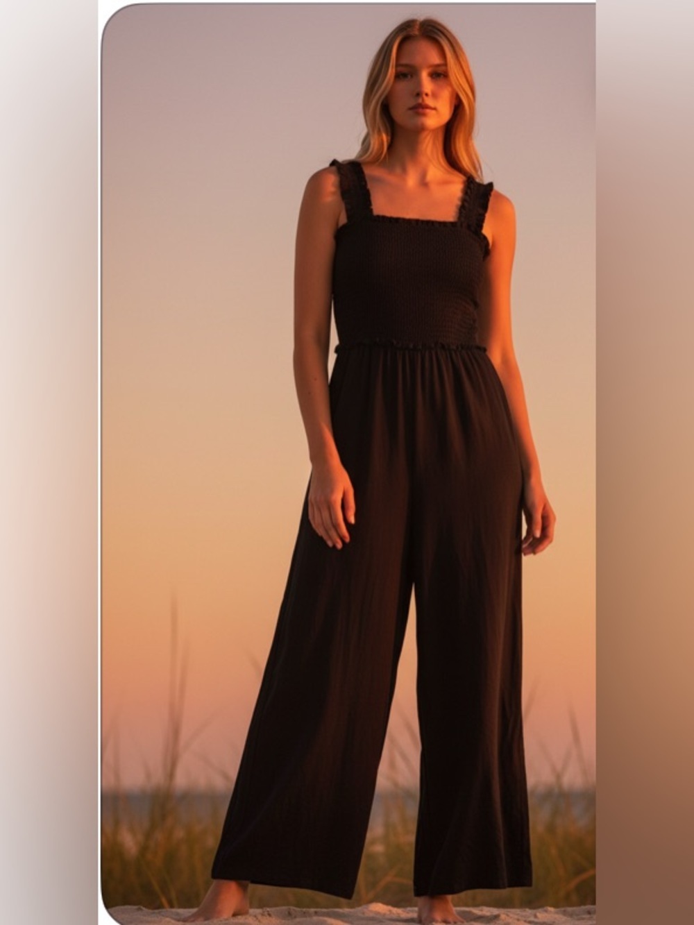 NWT-Medium Annabelle Black Smocked Wide-Leg Jumpsuit - Women